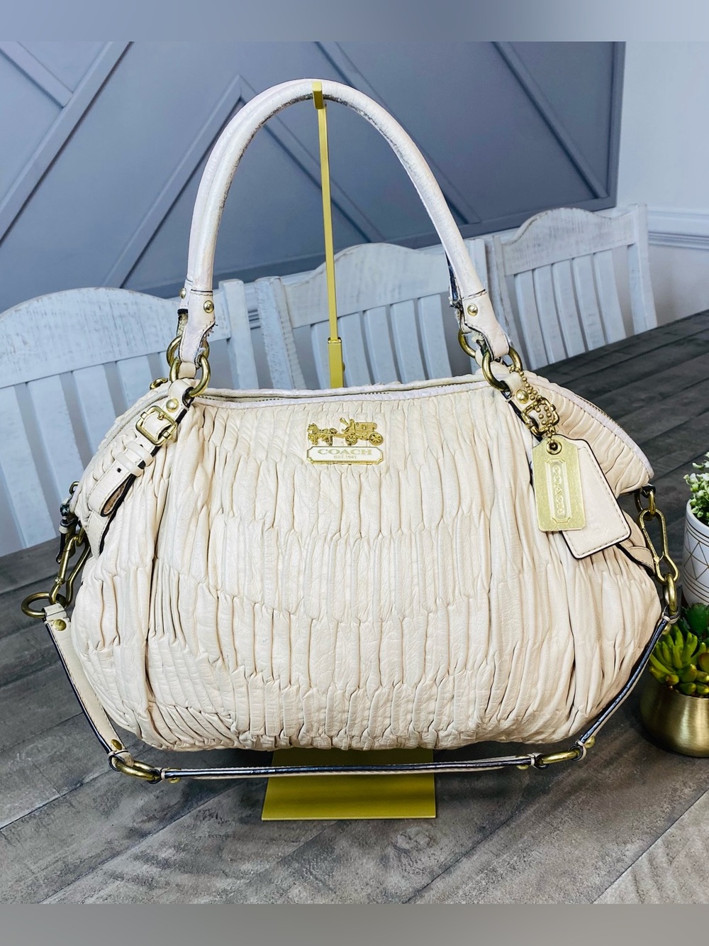 Coach Madison Gathered Leather Satchel Bag Off-White Cream Gold Hardware